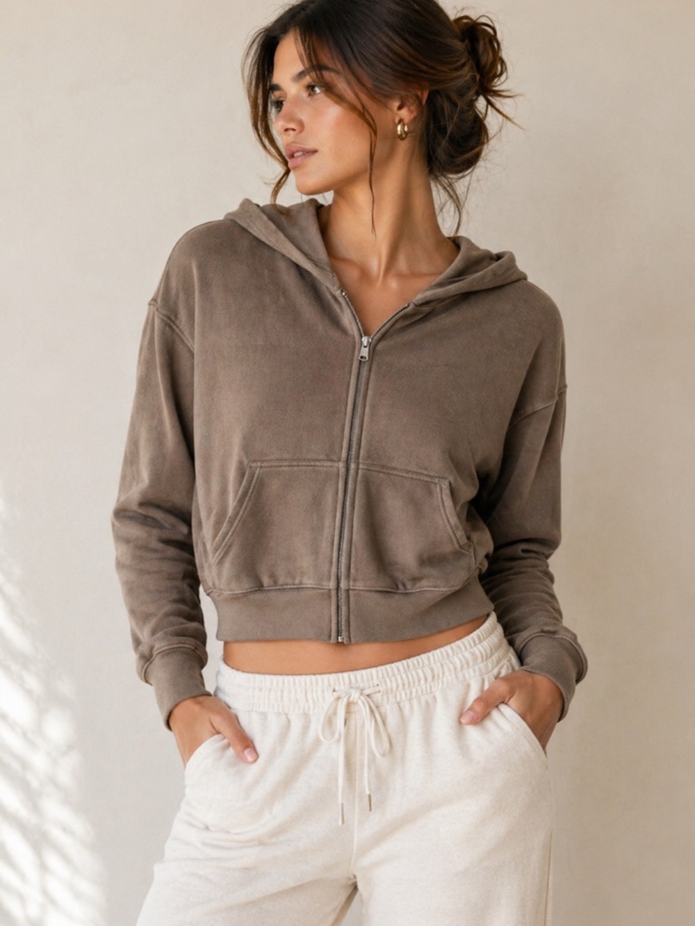 SKIMS Velour Zip Up Hoodie Taupe Cropped NWT Size Medium
